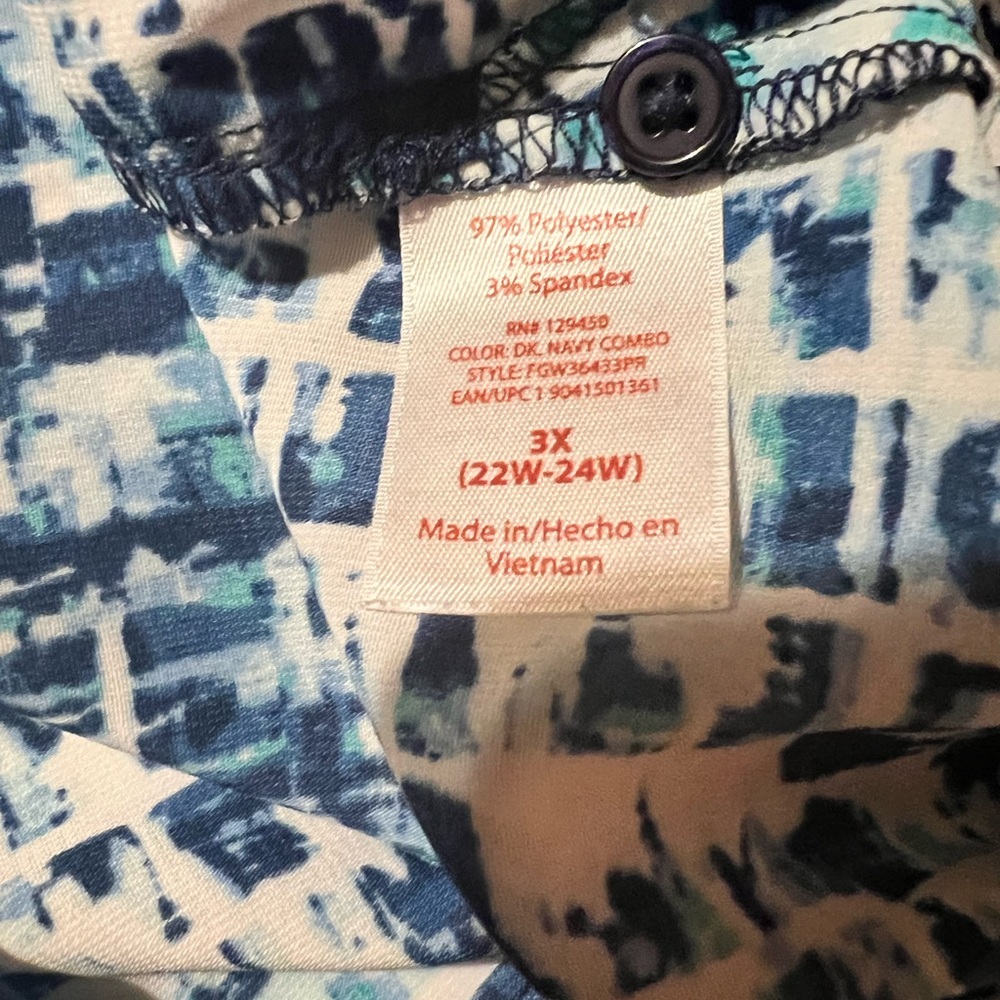 Blue & white  button down 3/4 sleeve tunic multi blue 3X - Picture 4 of 6